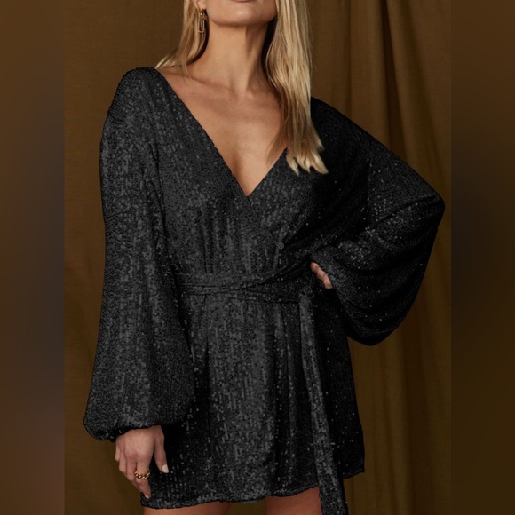 Sequin Surplice Long Sleeve Dress